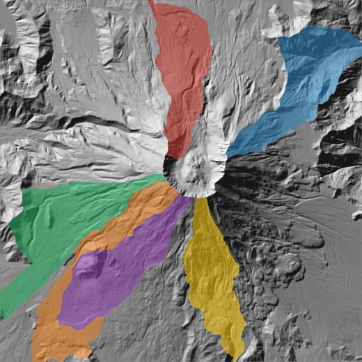 Shaded relief of Mount St. Helens with six drainage basins tinted over it, radiating from the crater.